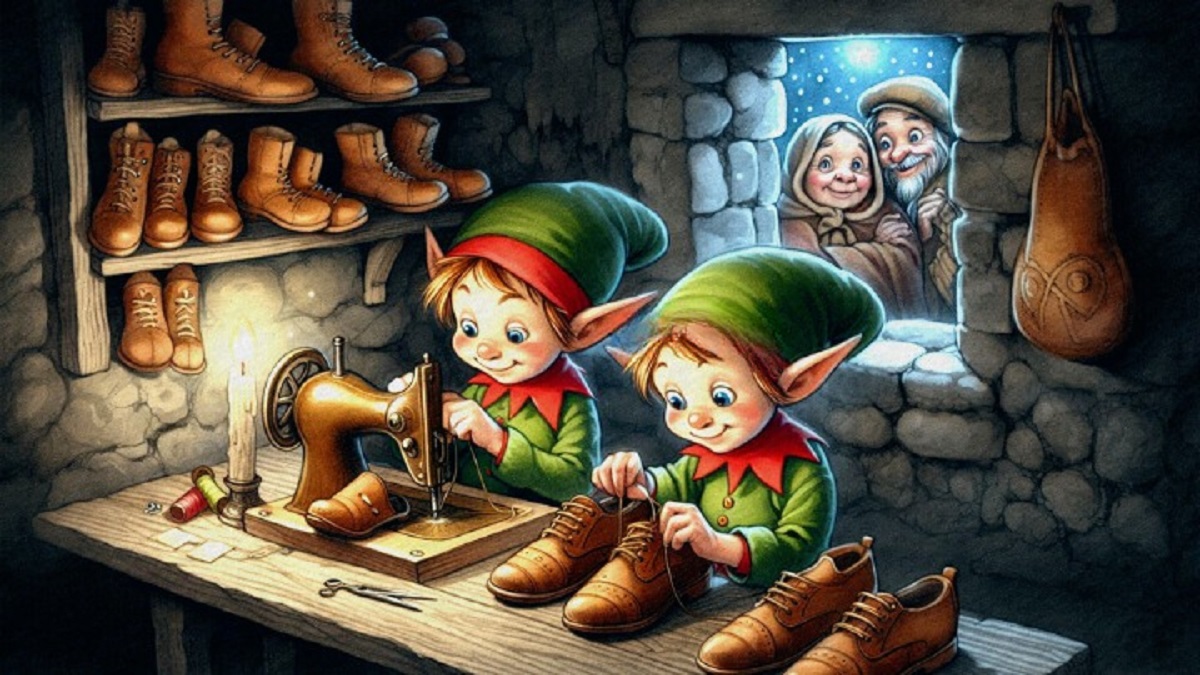 When Kindness Was Repaid by Elves in a Shoemaker’s Shop The Elves and the Shoemaker fairy tale workshop scene