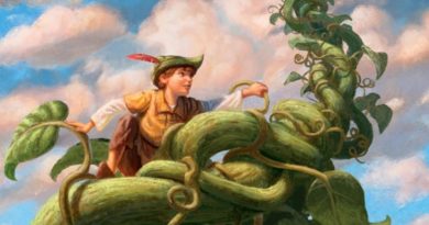 Jack climbing the magical beanstalk with golden hen