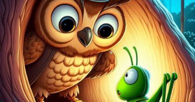 Owl and Grasshopper Story illustration showing the owl catching the grasshopper