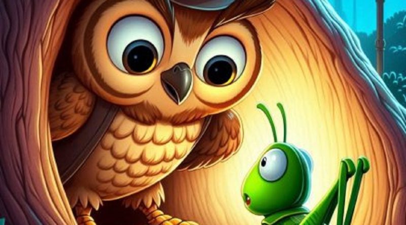 Owl and Grasshopper Story illustration showing the owl catching the grasshopper