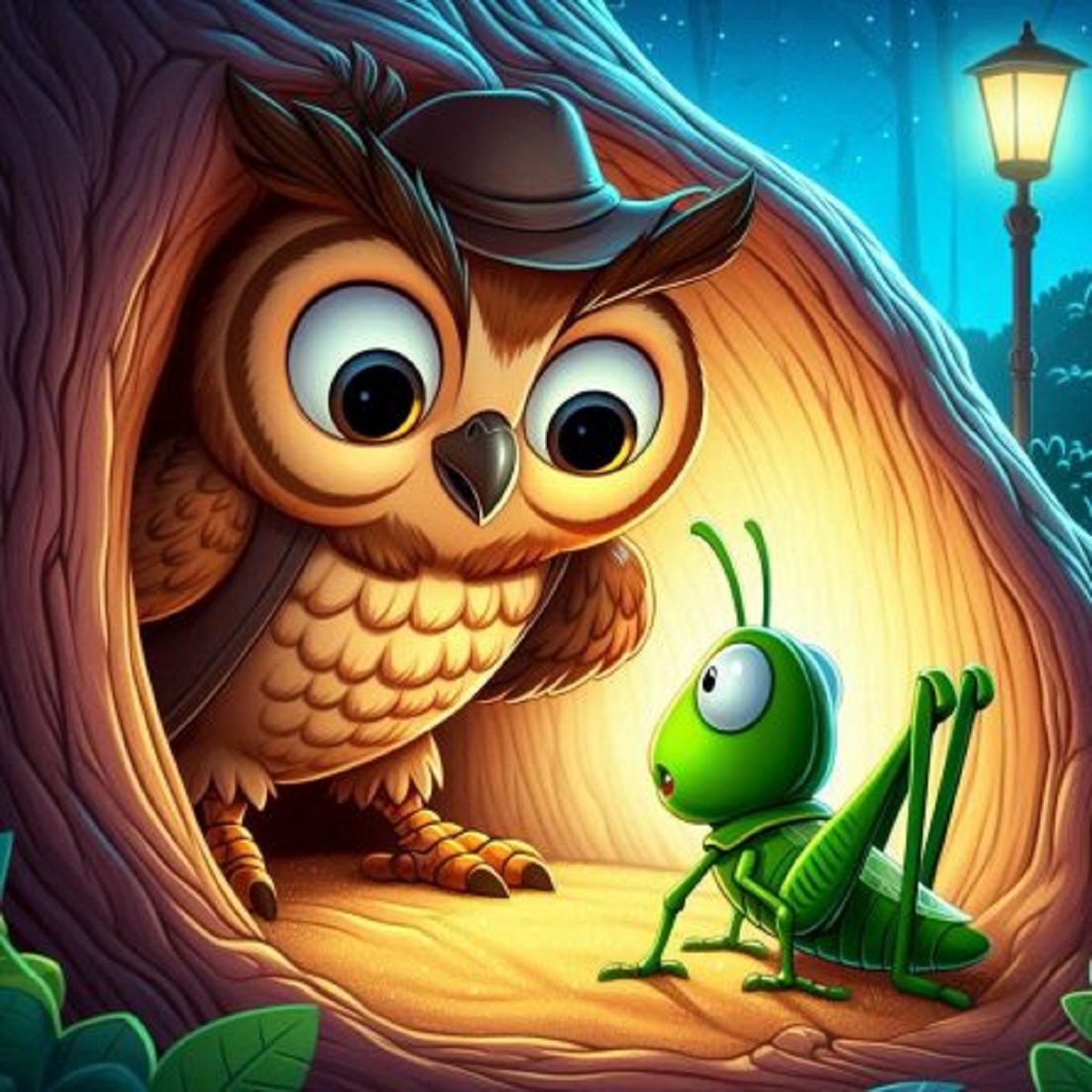 Owl and Grasshopper Story illustration showing the owl catching the grasshopper
