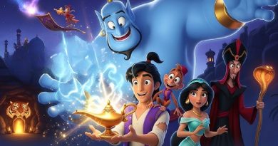 Aladdin holding the magic lamp as blue genie appears in desert cave
