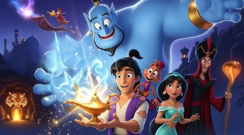 Aladdin holding the magic lamp as blue genie appears in desert cave