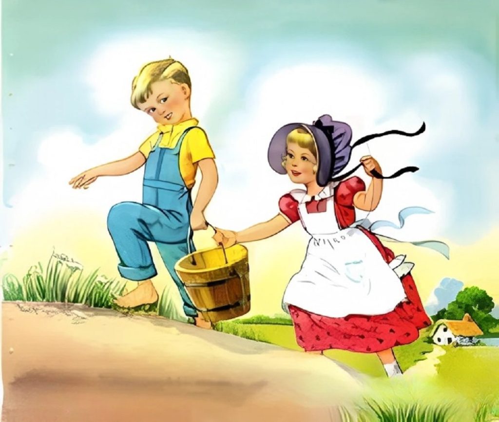 Jack and Jill holding a bucket while climbing a hill at sunset
