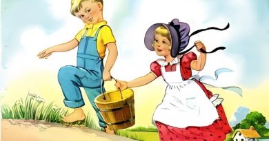 Jack and Jill holding a bucket while climbing a hill at sunset