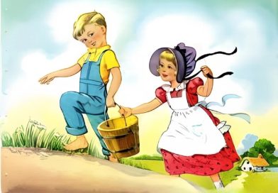 Jack and Jill holding a bucket while climbing a hill at sunset