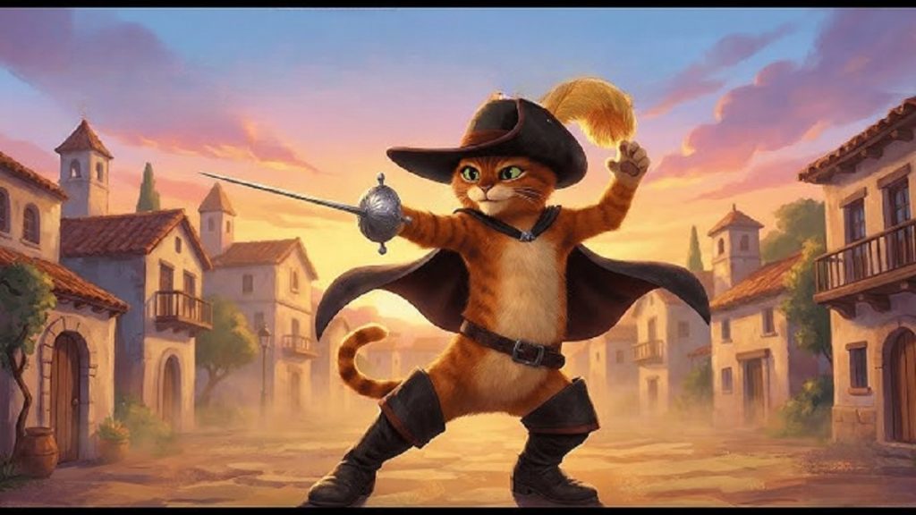David holding Puss in Boots wearing leather boots in fairy tale retelling