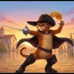 The Clever Cat’s Secret Plan – A Puss in Boots Fairy Tale Retelling David holding Puss in Boots wearing leather boots in fairy tale retelling