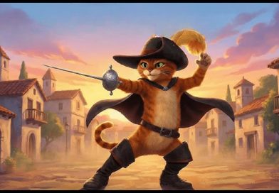 David holding Puss in Boots wearing leather boots in fairy tale retelling