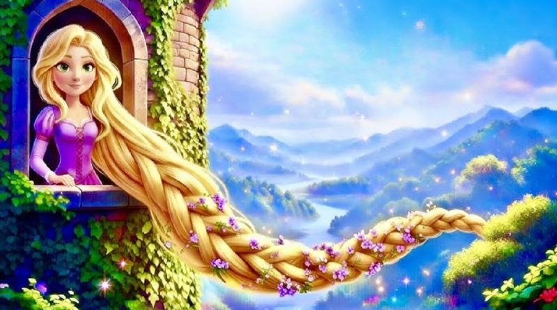 Rapunzel short story tower scene with golden hair and prince