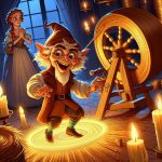 Rumpelstiltskin spinning straw into gold inside a magical cottage
