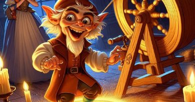 Rumpelstiltskin spinning straw into gold inside a magical cottage