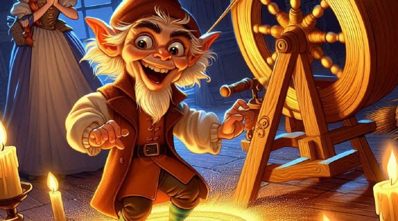 Rumpelstiltskin spinning straw into gold inside a magical cottage