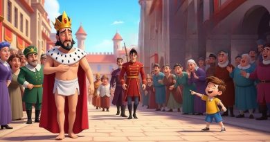 The Emperor standing proudly during parade in The Emperor’s New Clothes story