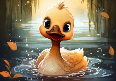 The Ugly Duckling looking at his swan reflection in the lake