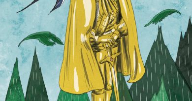 A golden statue of the Happy Prince looking down at a small swallow in a snowy city.