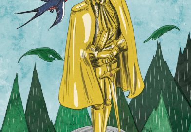 A golden statue of the Happy Prince looking down at a small swallow in a snowy city.