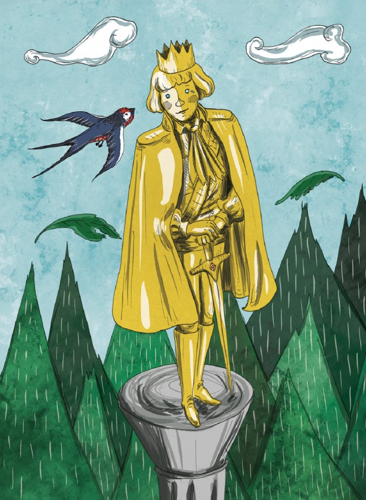 A golden statue of the Happy Prince looking down at a small swallow in a snowy city.