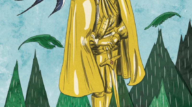 A golden statue of the Happy Prince looking down at a small swallow in a snowy city.