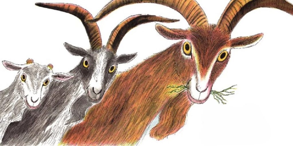 The Three Billy Goats Gruff story crossing bridge with troll