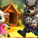 The Wolf and the Seven Little Kids: A Tale of Love, Bravery, and Deception The mother goat looking at the wolf sleeping under a tree with her seven little kids.