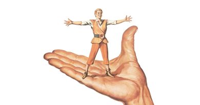 A tiny boy named Tom Thumb sitting in the palm of a man's hand.
