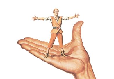 A tiny boy named Tom Thumb sitting in the palm of a man's hand.