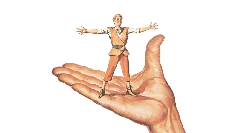 A tiny boy named Tom Thumb sitting in the palm of a man's hand.