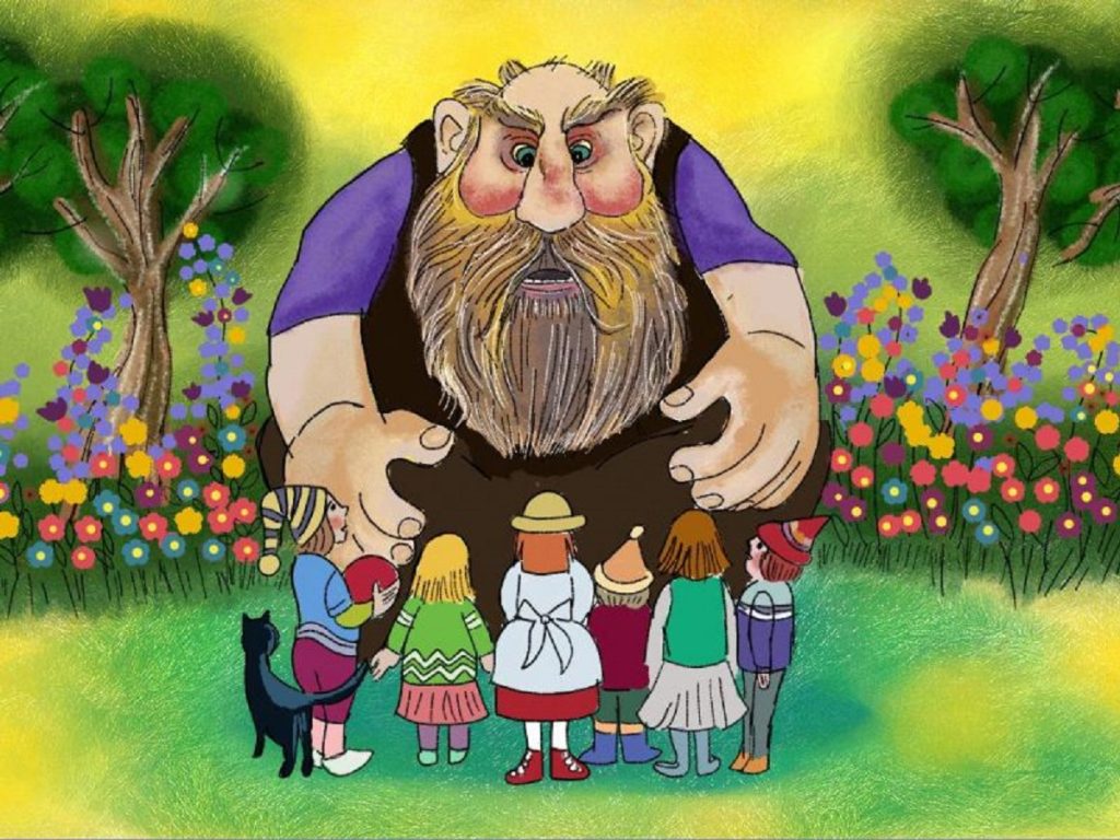 selfish giant story garden with children and blossoms